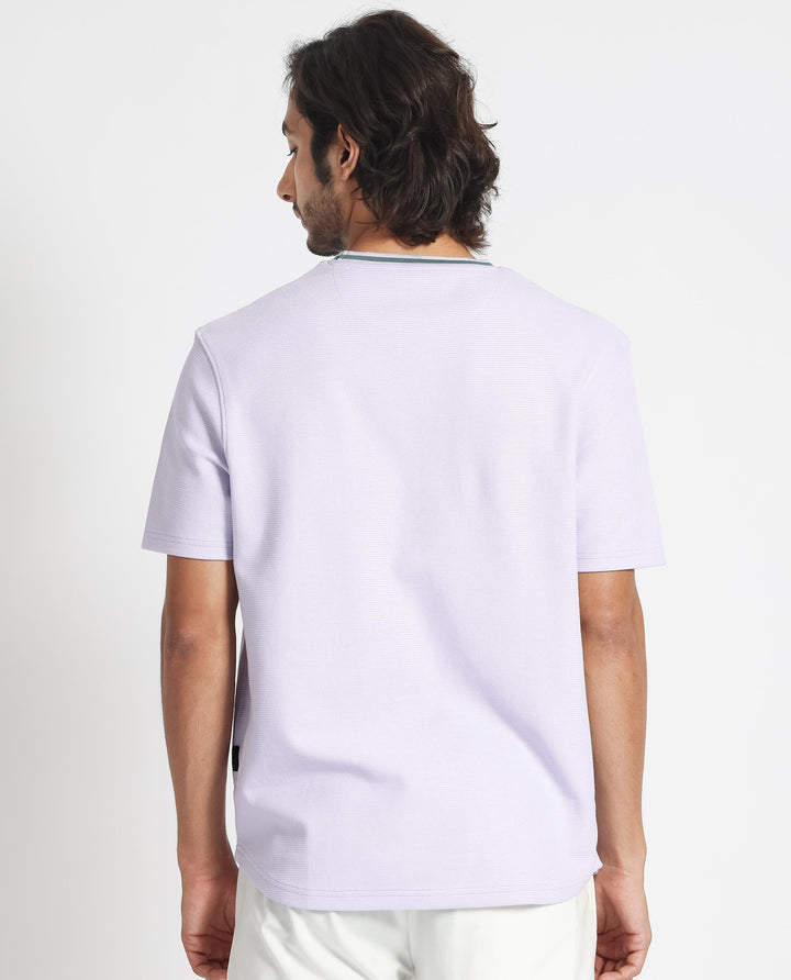 Rare Rabbit Men's Bueno Pastel Purple Solid Crew Neck Drop Shoulder With Contrast Detailing On The Neck Half Sleeves T-Shirt