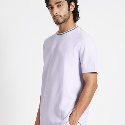 Rare Rabbit Men's Bueno Pastel Purple Solid Crew Neck Drop Shoulder With Contrast Detailing On The Neck Half Sleeves T-Shirt