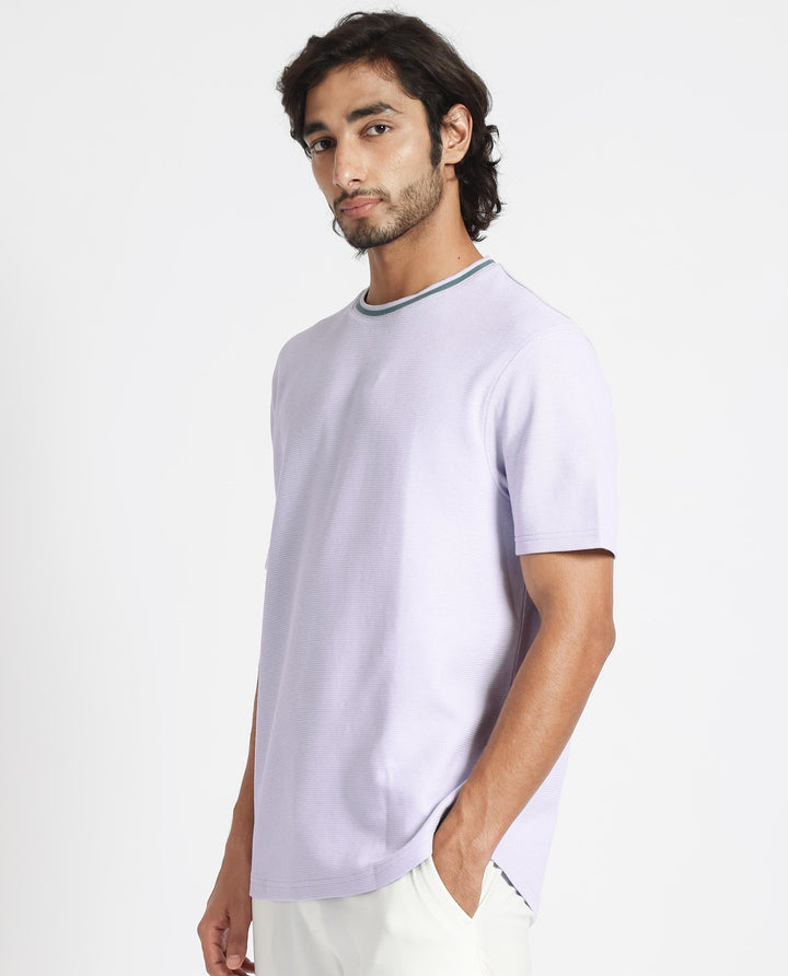 Rare Rabbit Men's Bueno Pastel Purple Solid Crew Neck Drop Shoulder With Contrast Detailing On The Neck Half Sleeves T-Shirt