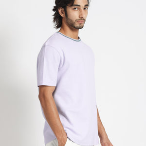 Rare Rabbit Men's Bueno Pastel Purple Solid Crew Neck Drop Shoulder With Contrast Detailing On The Neck Half Sleeves T-Shirt