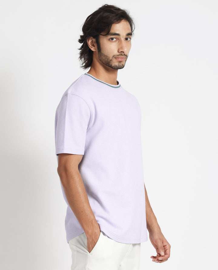 Rare Rabbit Men's Bueno Pastel Purple Solid Crew Neck Drop Shoulder With Contrast Detailing On The Neck Half Sleeves T-Shirt