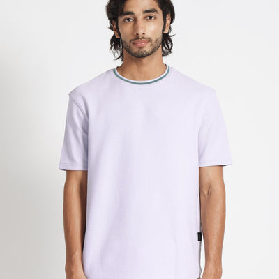 Rare Rabbit Men's Bueno Pastel Purple Solid Crew Neck Drop Shoulder With Contrast Detailing On The Neck Half Sleeves T-Shirt