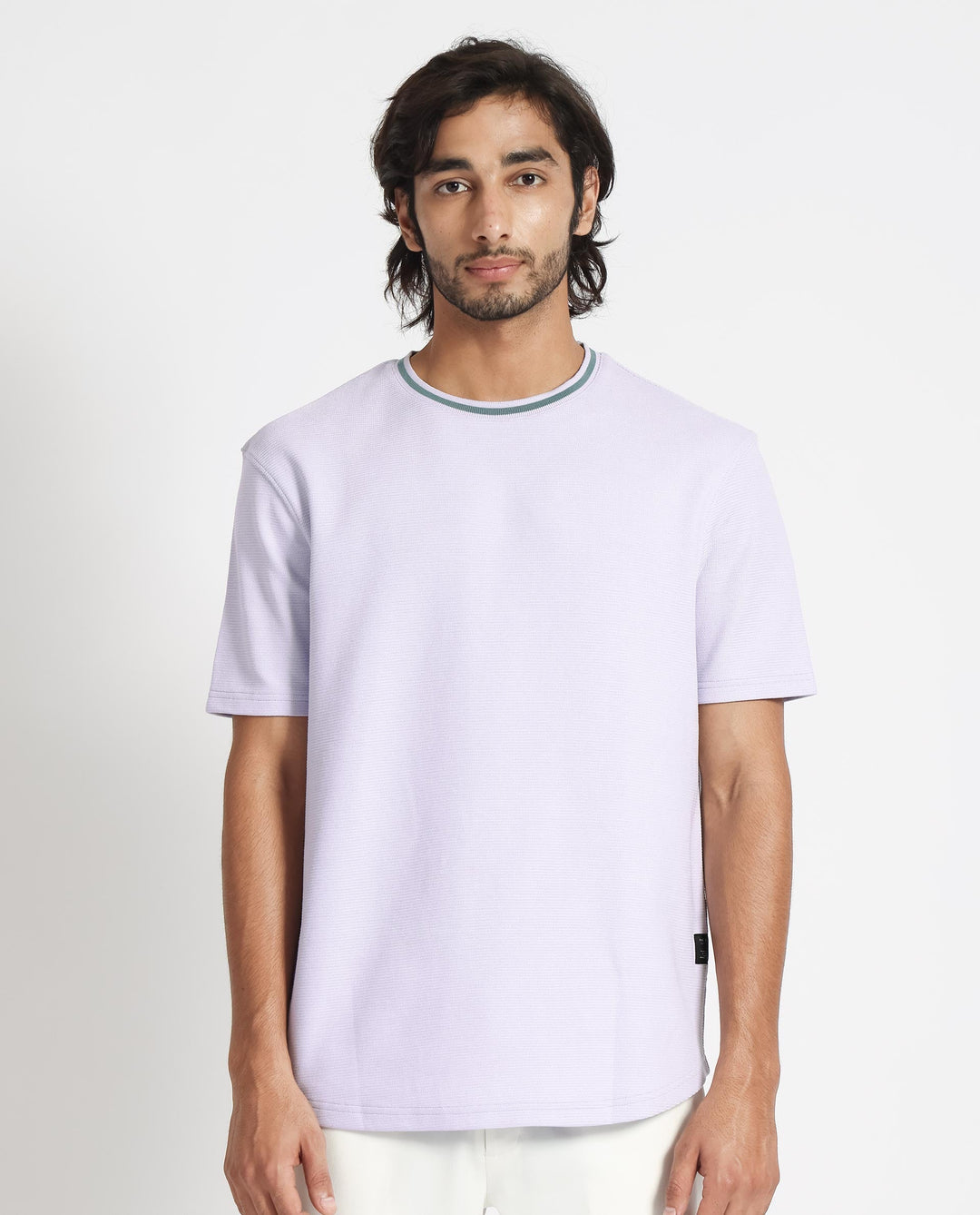 Rare Rabbit Men's Bueno Pastel Purple Solid Crew Neck Drop Shoulder With Contrast Detailing On The Neck Half Sleeves T-Shirt