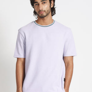 Rare Rabbit Men's Bueno Pastel Purple Solid Crew Neck Drop Shoulder With Contrast Detailing On The Neck Half Sleeves T-Shirt