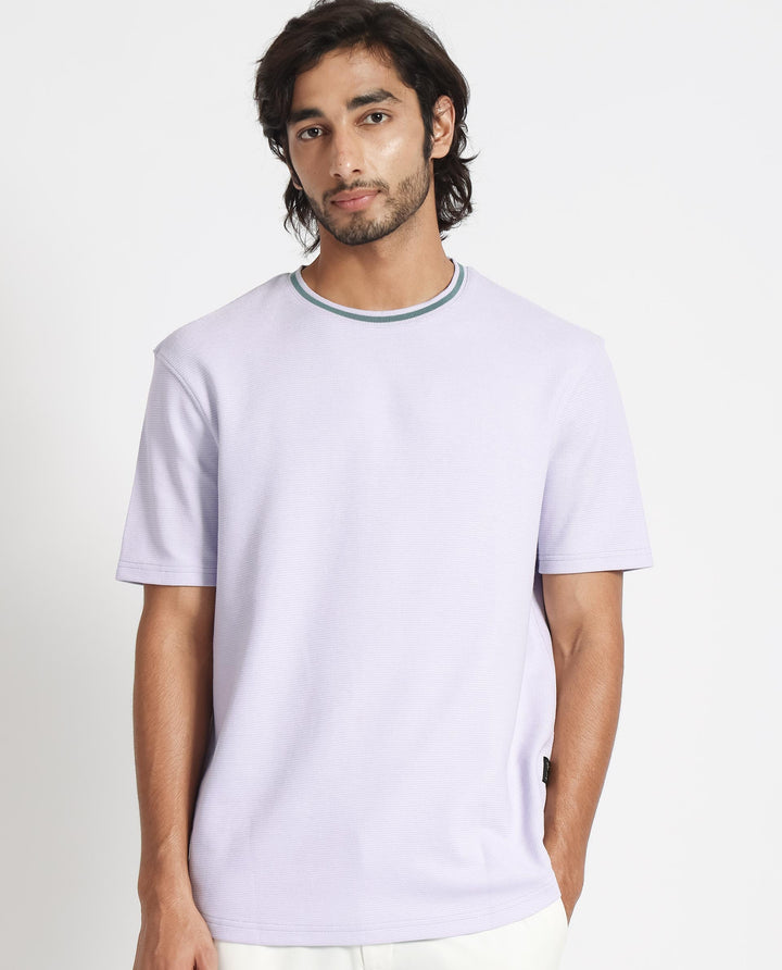 Rare Rabbit Men's Bueno Pastel Purple Solid Crew Neck Drop Shoulder With Contrast Detailing On The Neck Half Sleeves T-Shirt