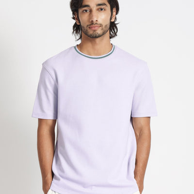 Rare Rabbit Men's Bueno Pastel Purple Solid Crew Neck Drop Shoulder With Contrast Detailing On The Neck Half Sleeves T-Shirt