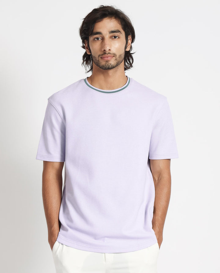 Rare Rabbit Men's Bueno Pastel Purple Solid Crew Neck Drop Shoulder With Contrast Detailing On The Neck Half Sleeves T-Shirt