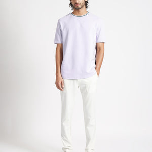 Rare Rabbit Men's Bueno Pastel Purple Solid Crew Neck Drop Shoulder With Contrast Detailing On The Neck Half Sleeves T-Shirt