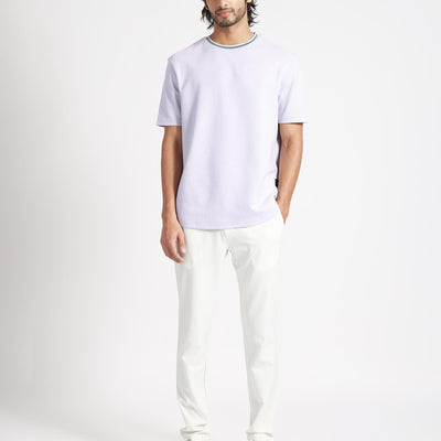 Rare Rabbit Men's Bueno Pastel Purple Solid Crew Neck Drop Shoulder With Contrast Detailing On The Neck Half Sleeves T-Shirt