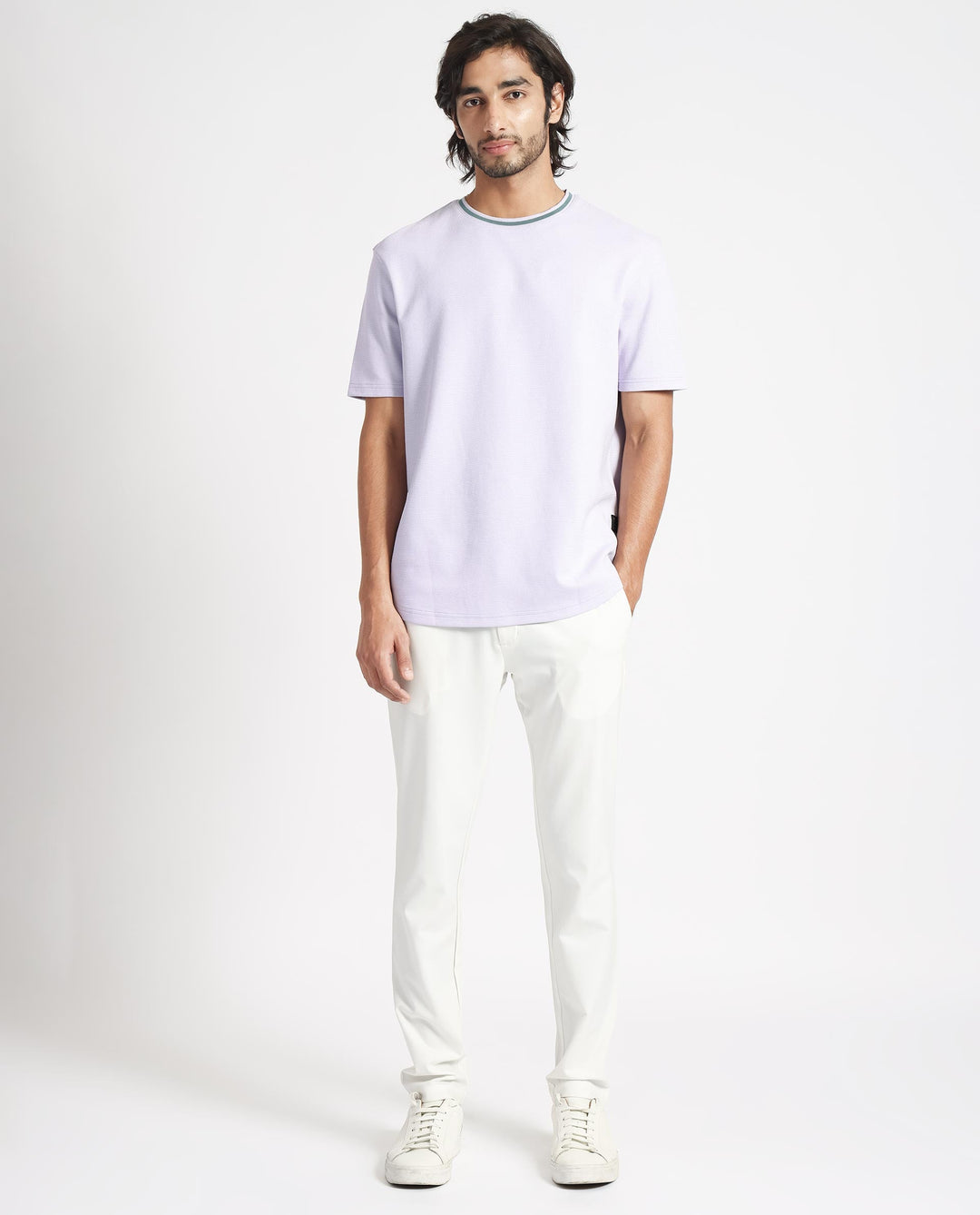 Rare Rabbit Men's Bueno Pastel Purple Solid Crew Neck Drop Shoulder With Contrast Detailing On The Neck Half Sleeves T-Shirt