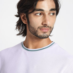 Rare Rabbit Men's Bueno Pastel Purple Solid Crew Neck Drop Shoulder With Contrast Detailing On The Neck Half Sleeves T-Shirt