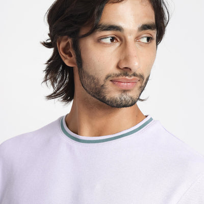 Rare Rabbit Men's Bueno Pastel Purple Solid Crew Neck Drop Shoulder With Contrast Detailing On The Neck Half Sleeves T-Shirt