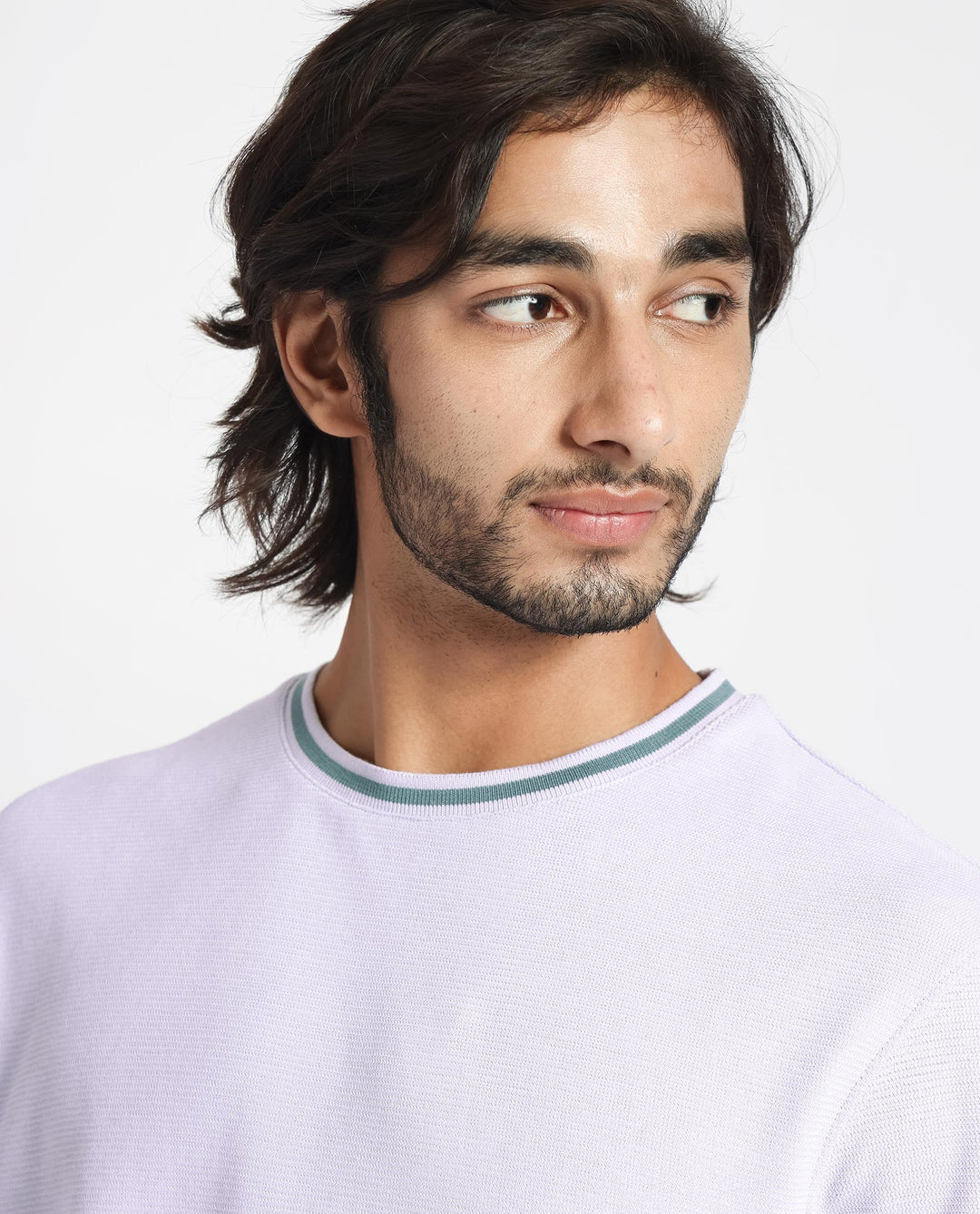 Rare Rabbit Men's Bueno Pastel Purple Solid Crew Neck Drop Shoulder With Contrast Detailing On The Neck Half Sleeves T-Shirt