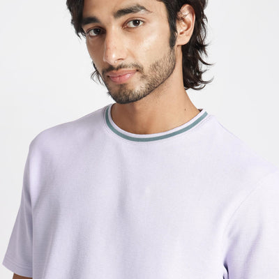 Rare Rabbit Men's Bueno Pastel Purple Solid Crew Neck Drop Shoulder With Contrast Detailing On The Neck Half Sleeves T-Shirt