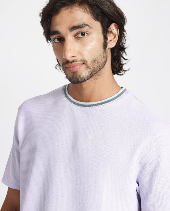 Rare Rabbit Men's Bueno Pastel Purple Solid Crew Neck Drop Shoulder With Contrast Detailing On The Neck Half Sleeves T-Shirt