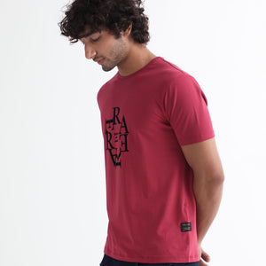 Rare Rabbit Men'S Burma Red T-Shirt Cotton Lycra Fabric Short Sleeves Round Neck Slim Fit