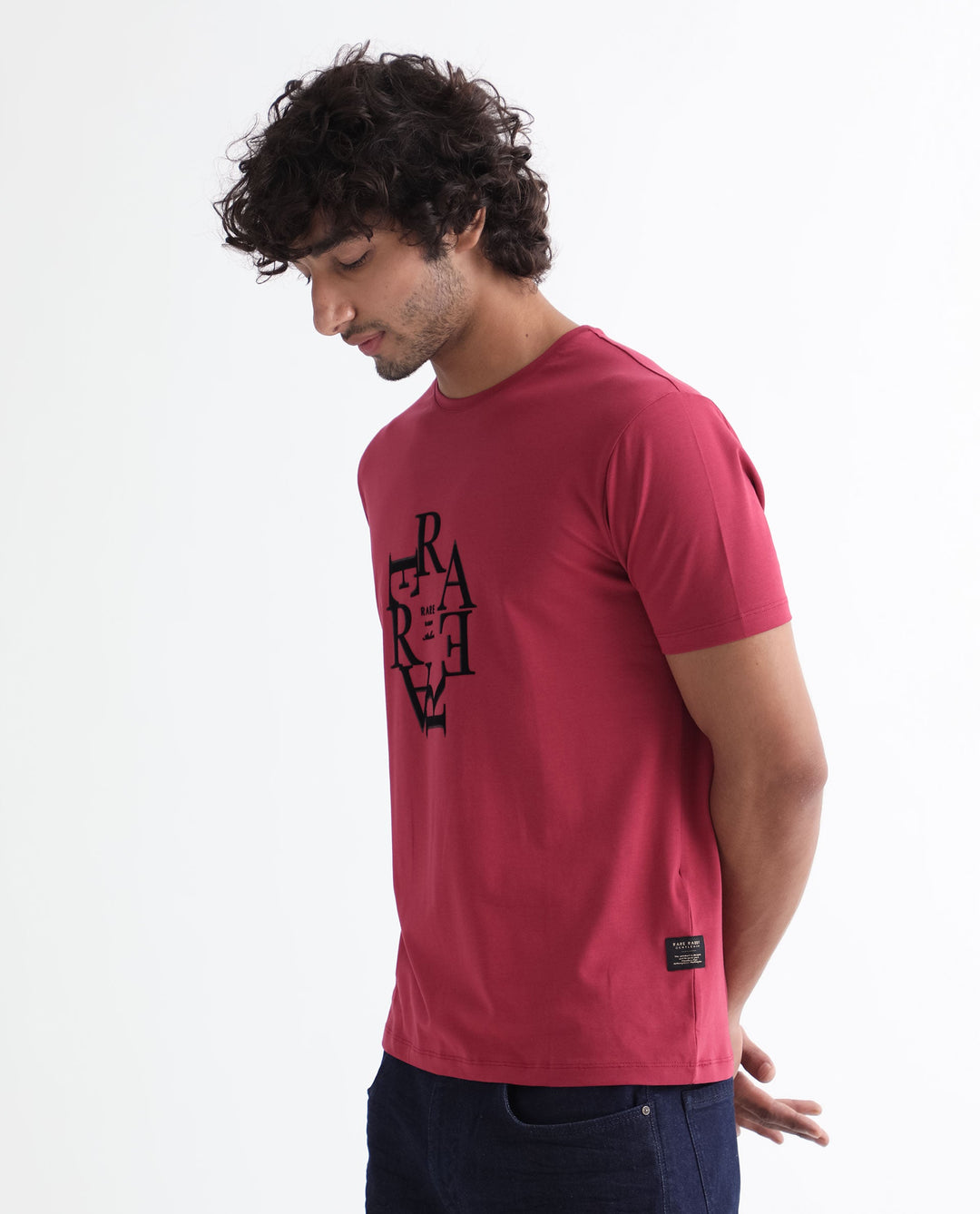 Rare Rabbit Men'S Burma Red T-Shirt Cotton Lycra Fabric Short Sleeves Round Neck Slim Fit