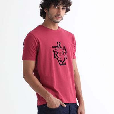 Rare Rabbit Men'S Burma Red T-Shirt Cotton Lycra Fabric Short Sleeves Round Neck Slim Fit