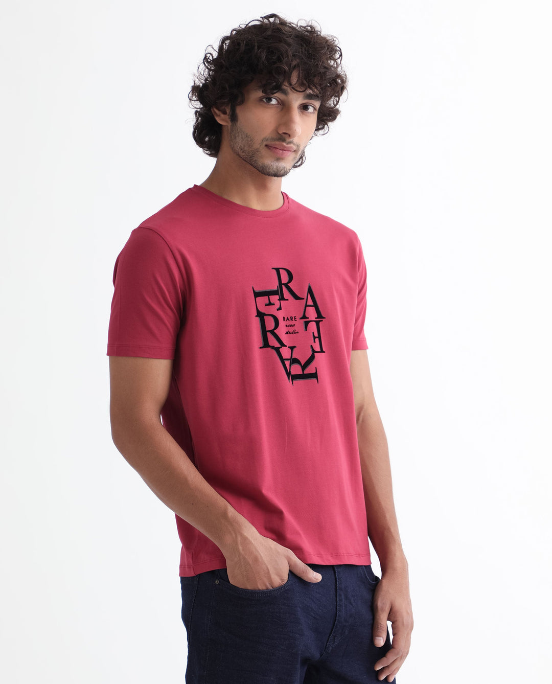 Rare Rabbit Men'S Burma Red T-Shirt Cotton Lycra Fabric Short Sleeves Round Neck Slim Fit