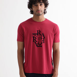 Rare Rabbit Men'S Burma Red T-Shirt Cotton Lycra Fabric Short Sleeves Round Neck Slim Fit