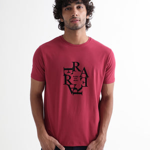 Rare Rabbit Men'S Burma Red T-Shirt Cotton Lycra Fabric Short Sleeves Round Neck Slim Fit