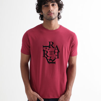 Rare Rabbit Men'S Burma Red T-Shirt Cotton Lycra Fabric Short Sleeves Round Neck Slim Fit