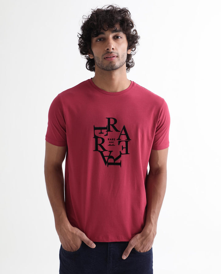 Rare Rabbit Men'S Burma Red T-Shirt Cotton Lycra Fabric Short Sleeves Round Neck Slim Fit