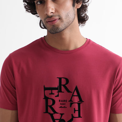 Rare Rabbit Men'S Burma Red T-Shirt Cotton Lycra Fabric Short Sleeves Round Neck Slim Fit