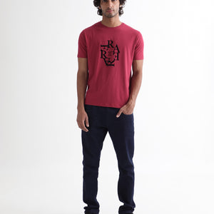 Rare Rabbit Men'S Burma Red T-Shirt Cotton Lycra Fabric Short Sleeves Round Neck Slim Fit