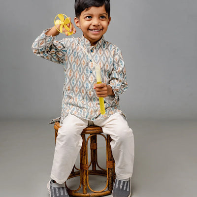 White Ikat printed kurta with sequin embellishments and matching pyjama set-White