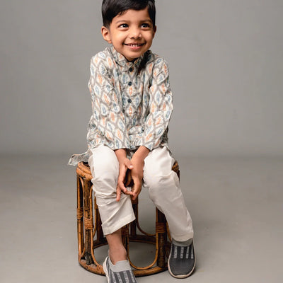 White Ikat printed kurta with sequin embellishments and matching pyjama set-White