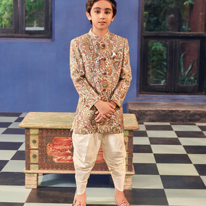 Off - White Printed Sherwani Suit with Dhoti Pants-Off White