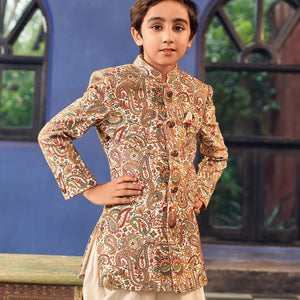 Off - White Printed Sherwani Suit with Dhoti Pants-Off White