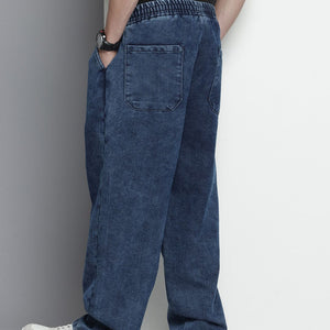 Men's Blue Barrel Loose Solid Denim Joggers