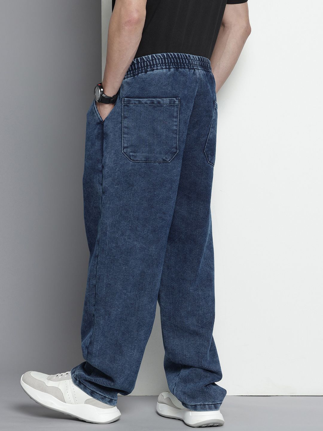Men's Blue Barrel Loose Solid Denim Joggers
