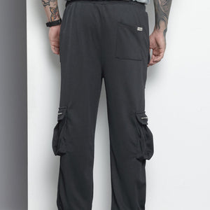 Men's Black Relaxed Fit Textured Wide Leg Cargo Joggers