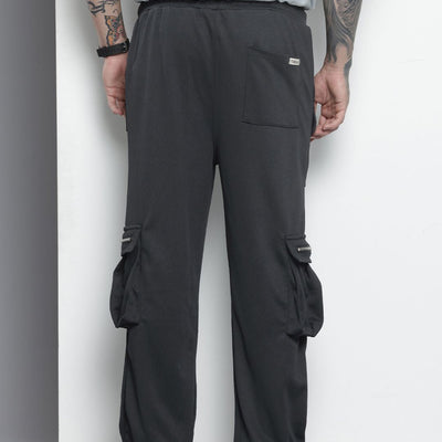 Men's Black Relaxed Fit Textured Wide Leg Cargo Joggers