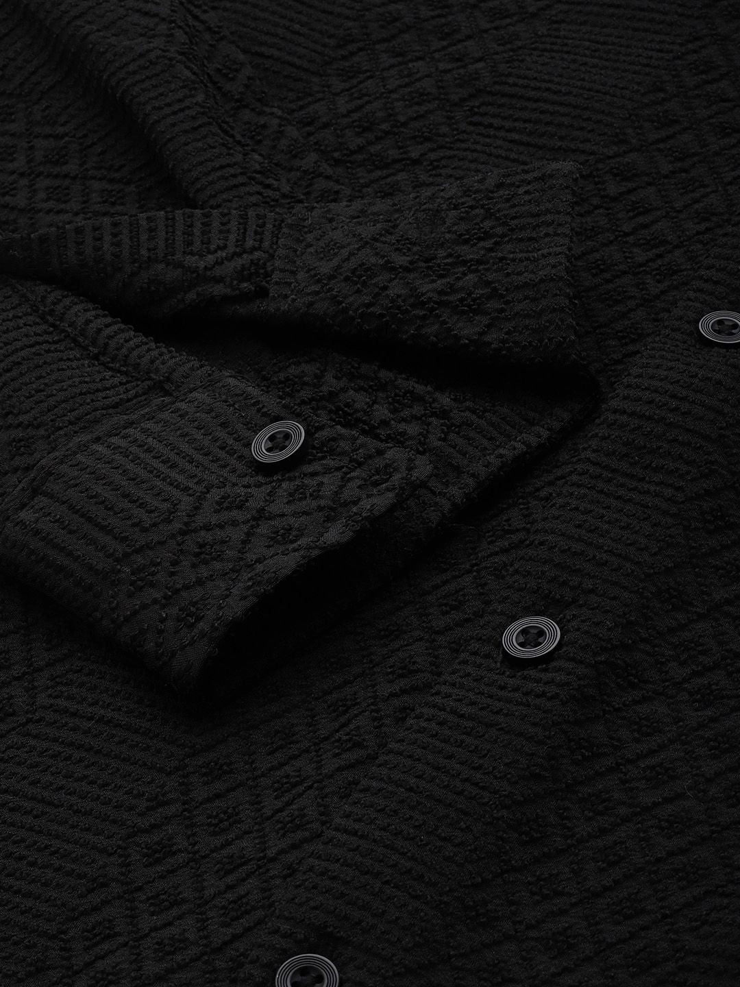 Men's Black Regular Fit Textured Resort Wear Shirt