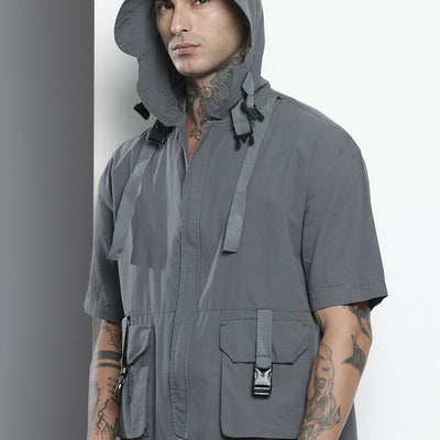 Men's Grey Boxy Solid Street Wear Shirt