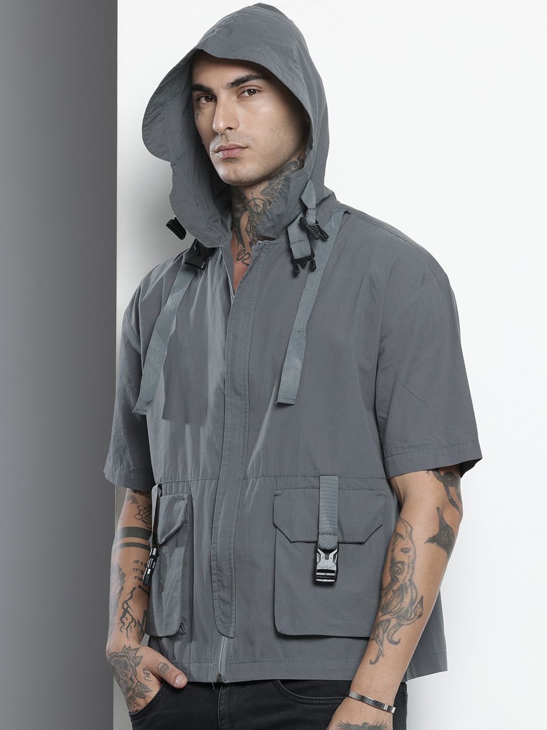 Men's Grey Boxy Solid Street Wear Shirt