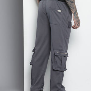 Men's Grey Relaxed Fit Textured Wide Leg Cargo Joggers