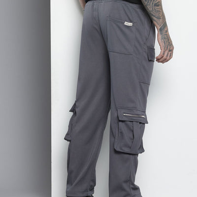 Men's Grey Relaxed Fit Textured Wide Leg Cargo Joggers
