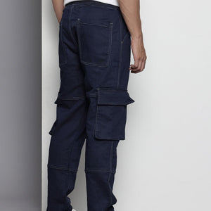 Men's Blue Relaxed Fit Solid Stretchable Denim Cargo Joggers