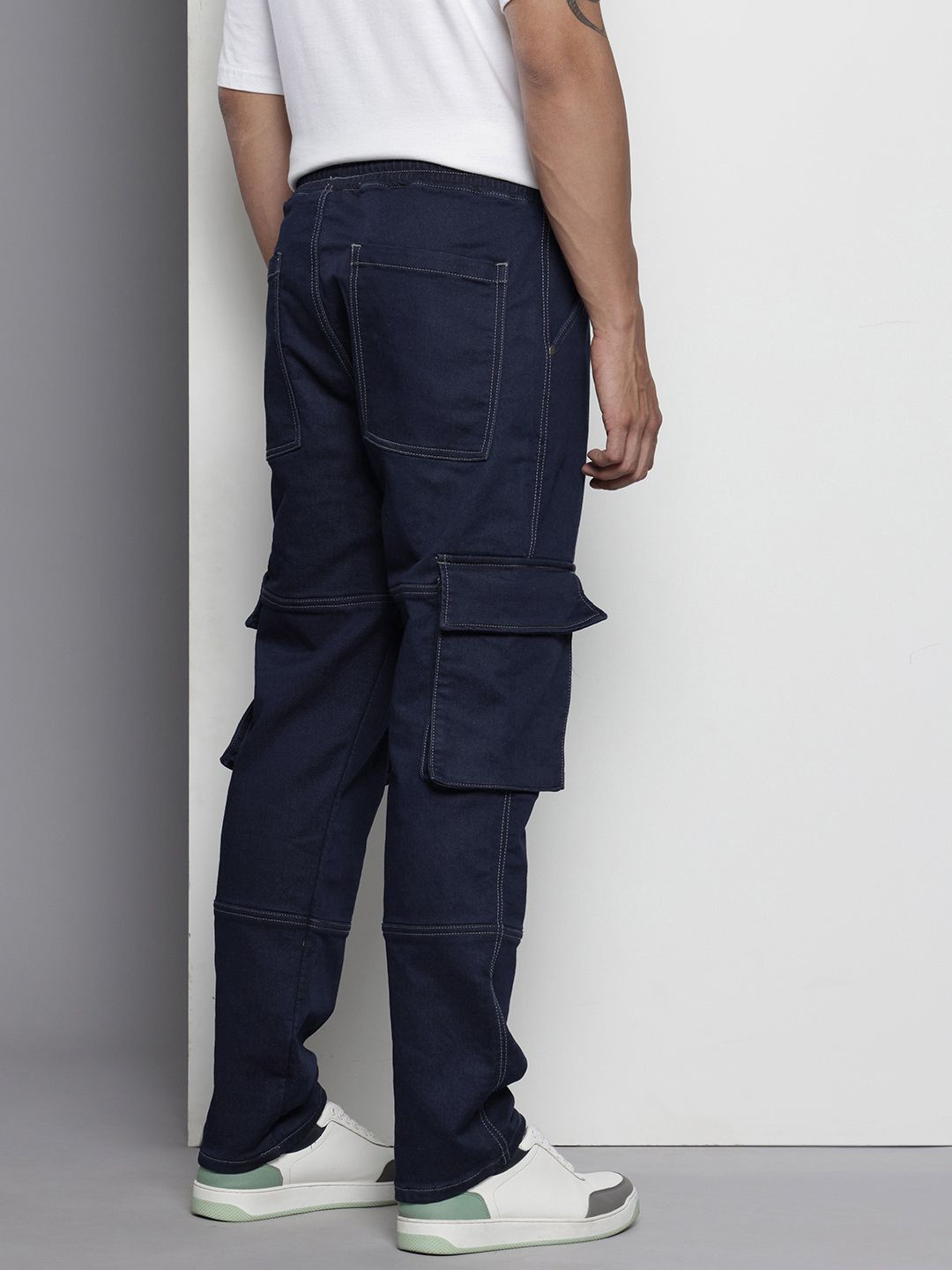 Men's Blue Relaxed Fit Solid Stretchable Denim Cargo Joggers