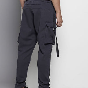 Men's Grey Tapered Fit Solid Cargo Joggers