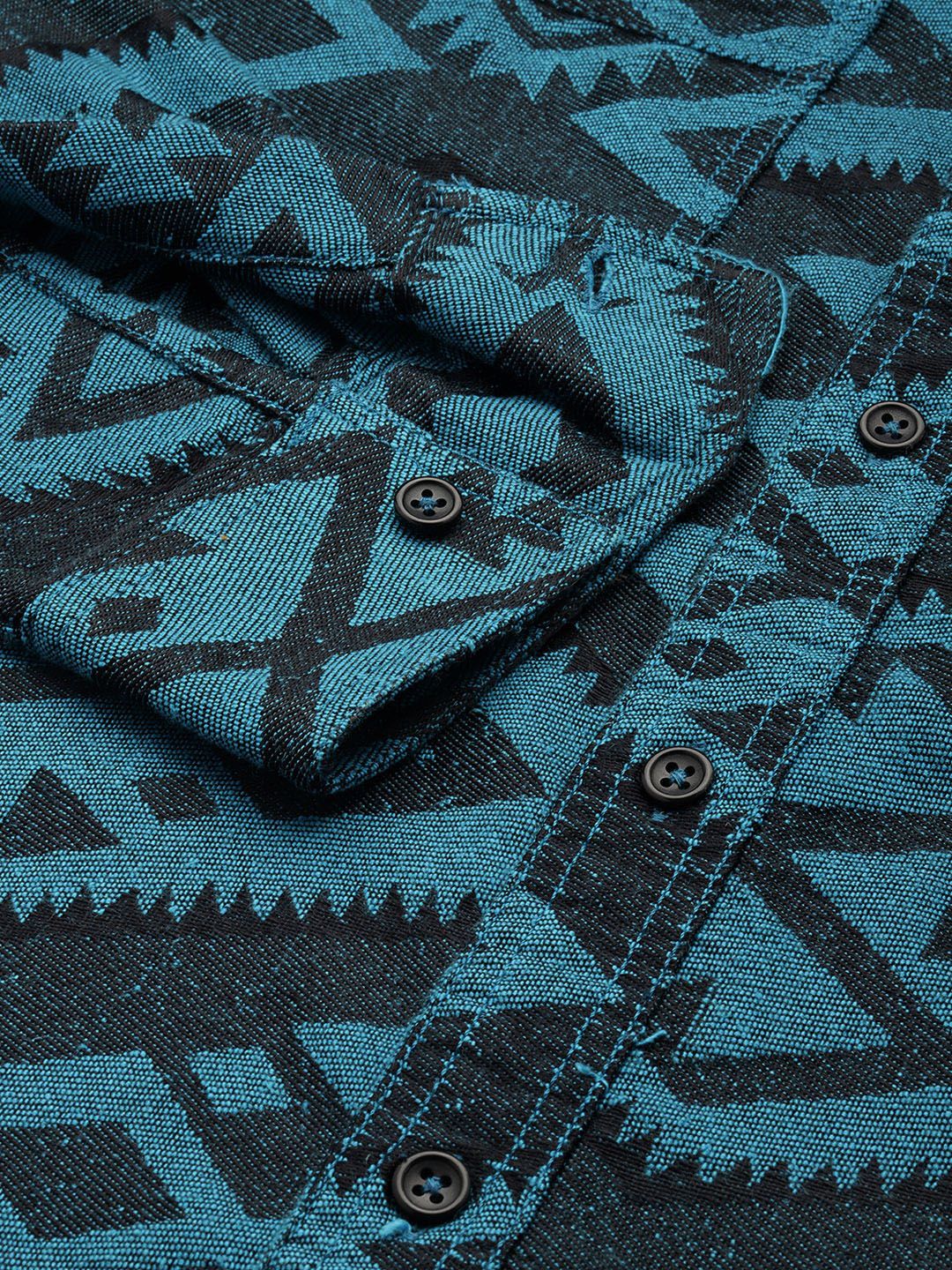 Men's Blue Relaxed Fit Textured Resort Wear Shirt