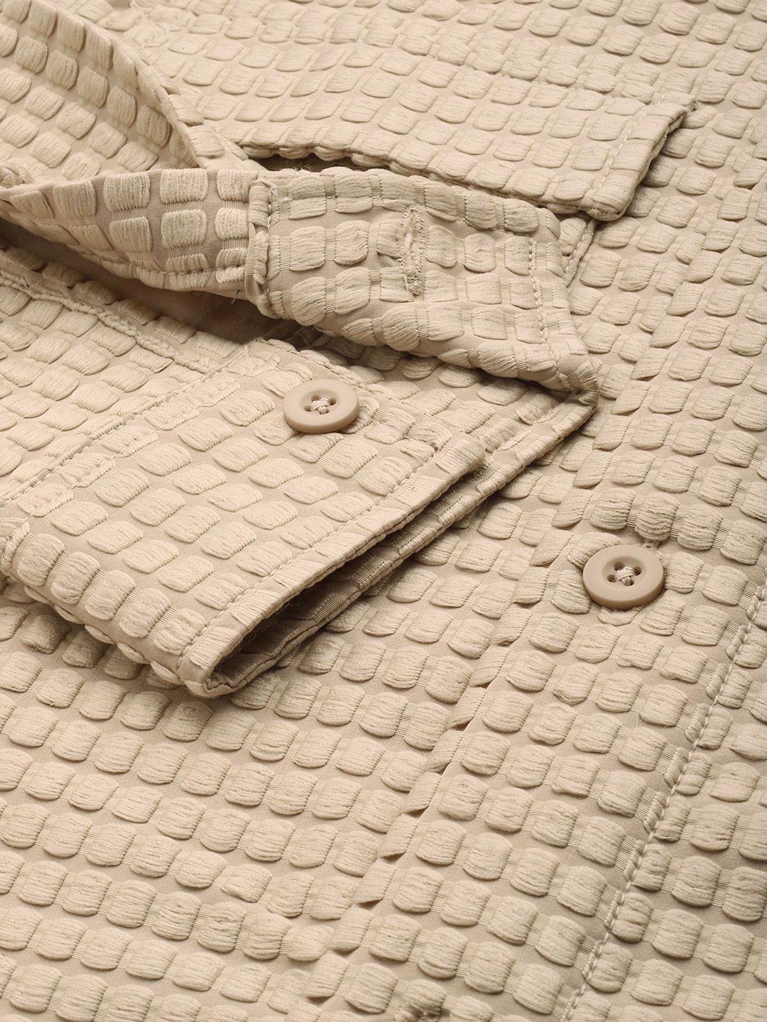 Men's Cream Regular Fit Textured Resort Wear Shirt