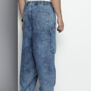 Men's Blue Loose Solid Denim Cargo Harem Pants