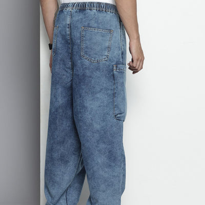 Men's Blue Loose Solid Denim Cargo Harem Pants