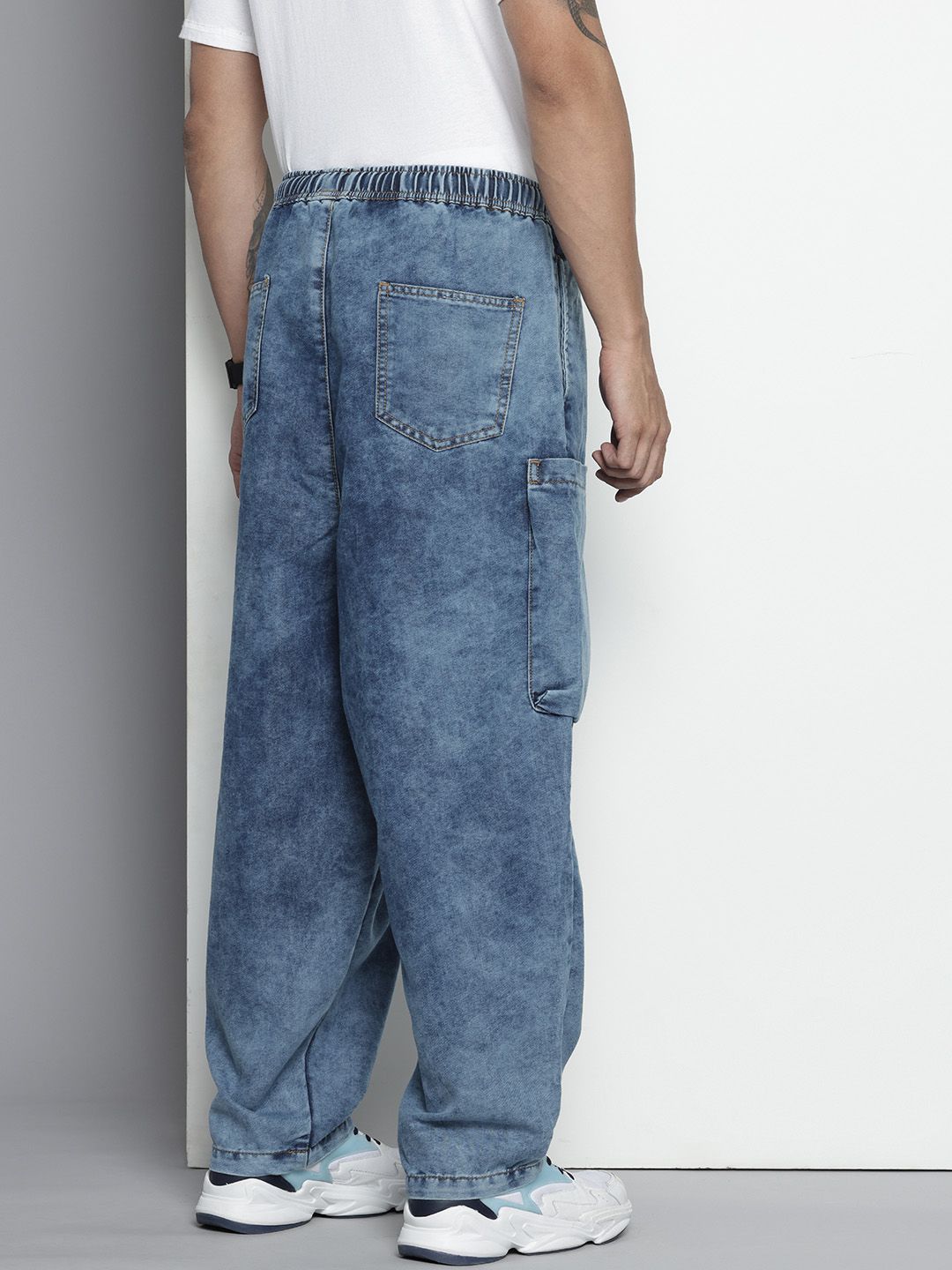 Men's Blue Loose Solid Denim Cargo Harem Pants